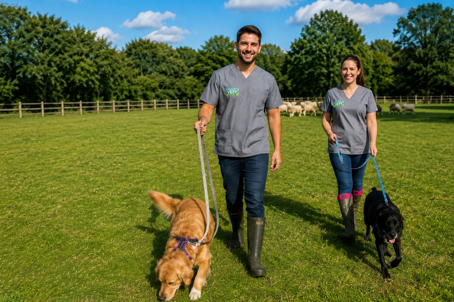 Fyfield Village Vets Team and Dogs in Pasture